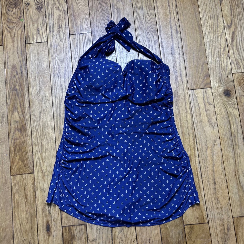 Cocoship Navy Blue White Anchor Print Halter Neck Swim Dress One Piece Swimsuit